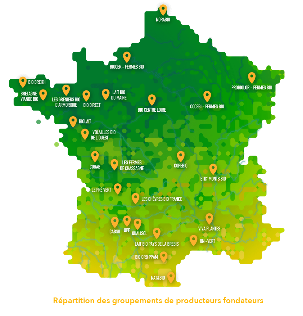 Carte de la répartition des groupements de producteurs bio et équitables en France.